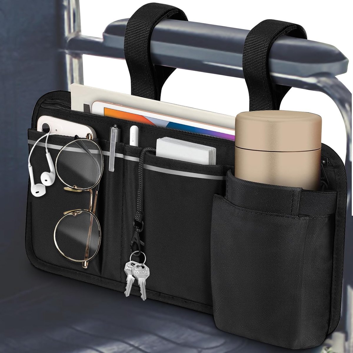 Rolstoel Armsteun Opbergtas-rolstoel -Rolstoelzijtas-opbergruimte voor armleuningaccessoires met reflecterende streep- en bekerhouder voor de meeste rolstoelen - Hulpmiddelsteunhoutverlengstukken - Perfect geordend - Uw handen bevrijden - 19.5*34cm