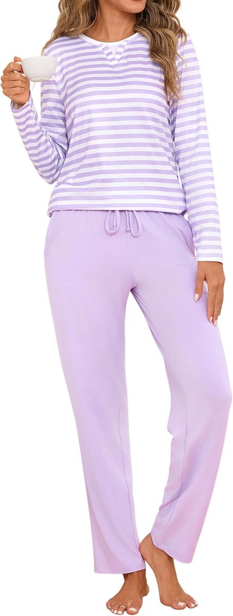 winterpyjama van katoen, tweedelige pyjama voor dames, lange mouwen, gestreept T-shirt en lange broek met zakken, zacht en comfortabel