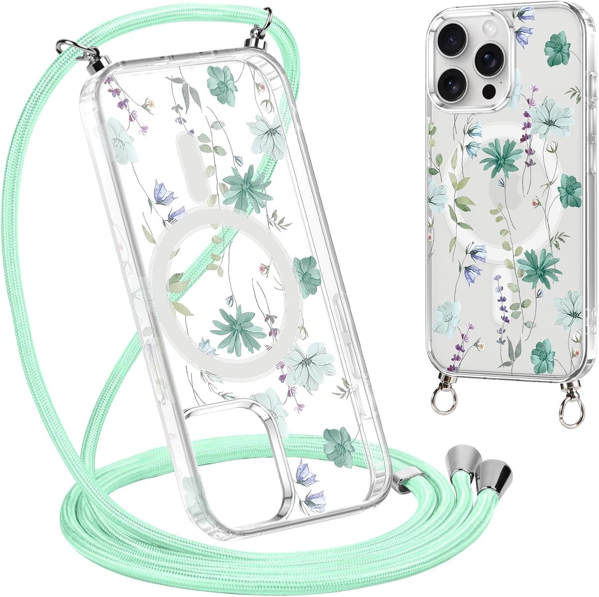 Flower beschermhoes met koord voor iPhone 15 Pro 6,1 inch (15,5 cm), magnetisch, transparant, pc, compatibel met MagSafe, beschermhoes met trekkoord en ketting, schokbestendig, groen