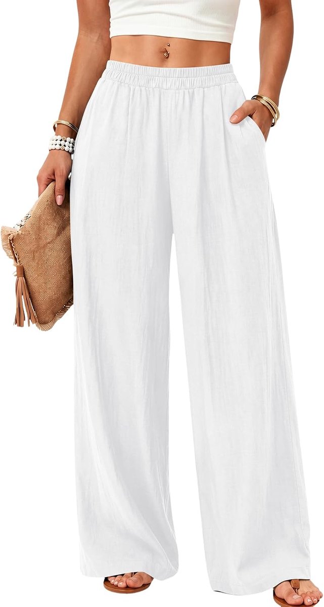 Linnen broek voor dames, zomer, lichte stoffen broek met wijde pijpen, luchtige strandbroek, casual vrijetijdsbroek, elegant, effen, met zakken