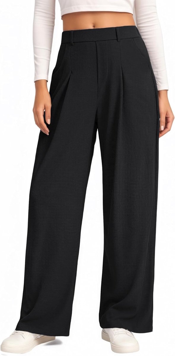 Broek voor dames, casual stoffen broek, losse wijde pijpen, palazzo-broek, wafelgebreid, hoge taille, elegant, business, comfortabele damesbroek met elastiek