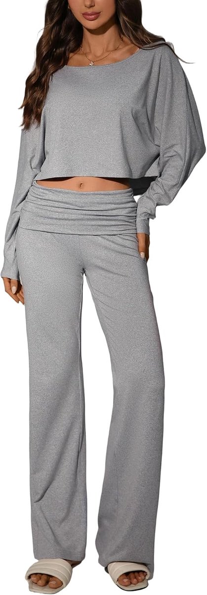 2-delige loungeset voor dames, lange mouwen, off-shoulder top en broek met wijde pijpen, zachte, rekbare outfit voor thuis en op reis