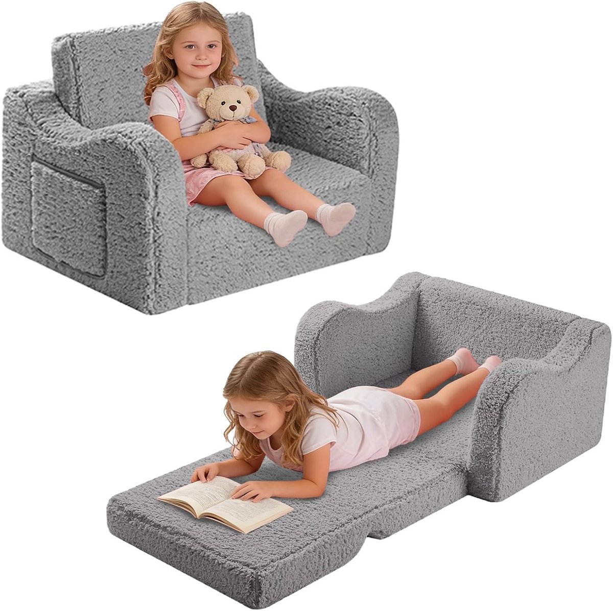 2-in-1 kinderbank, uitklapbaar, afneembare overtrek, zachte kinderbank, mini-bank voor kinderkamer, om te zetten in kinderbed of ligstoel (grijs)