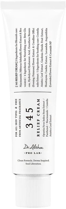 Witte crème tube met 'Dr. Althea 345 Relief Cream' en ingrediëntenlijst. "FOR ALL SKIN TYPES & FREE FROM ARTIFICIAL FRAGRANCE".