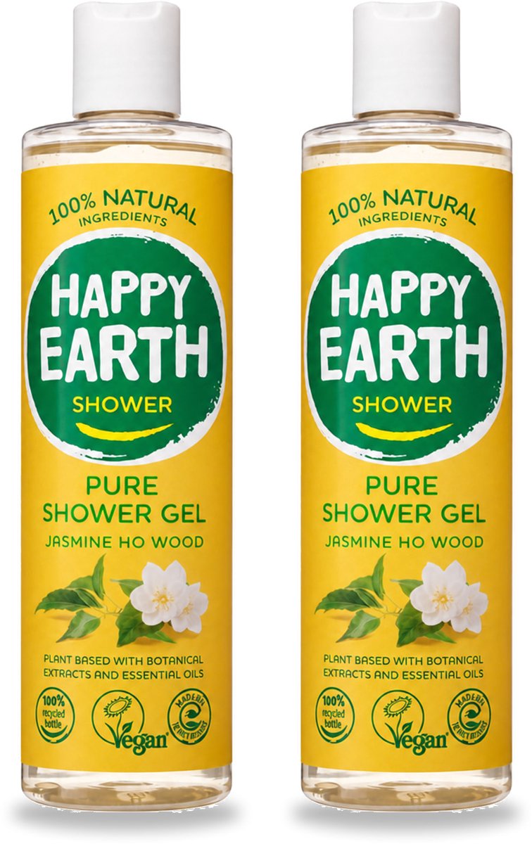 2 x Happy Earth – Douchegel – 100% Natuurlijk Jasmine Ho Wood – 300 ml - Voordeelverpakking - 2 stuks