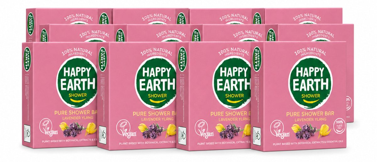 12 x Happy Earth – Shower Bar – 100% Natuurlijk Lavender Ylang – 90 g - Voordeelverpakking - 12 stuks