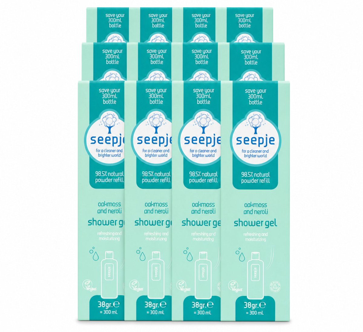 12 x Seepje - Douchegel - Duurzaam & Handig - Eikenmos en Neroli - Navulling - 38 gr - Voordeelverpakking - 12 stuks