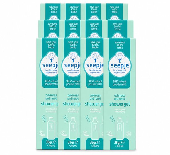 Doos met 12 Seepje douchegel navullingen, eikenmos en neroli geur. Beschreven als "save your 300ml bottle".