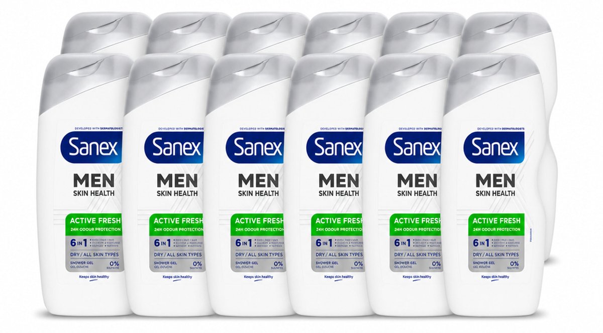 12 x Sanex – Douchegel – Men Active Fresh – 400 ml - Voordeelverpakking - 12 stuks