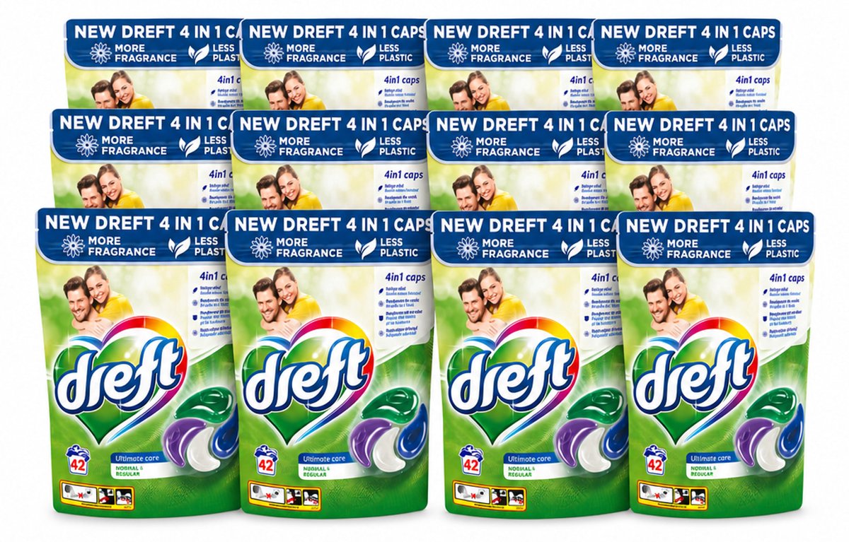 12 x Dreft - Wasmiddelcapsules - Ultimate Care - Zachte verzorging - 42 Wasbeurten - Voordeelverpakking - 12 stuks