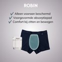Robin boxershorts met voorgevormde absorptiepad, alleen vooraan beschermd. Comfort bij zitten en bewegen. Glas toont 70 ml capaciteit absorptie.