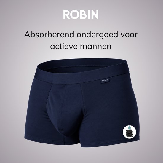 Donkerblauwe Robin boxershort voor actieve mannen met absorberend kruis. Zacht, ademend en lekvrij ondergoed.