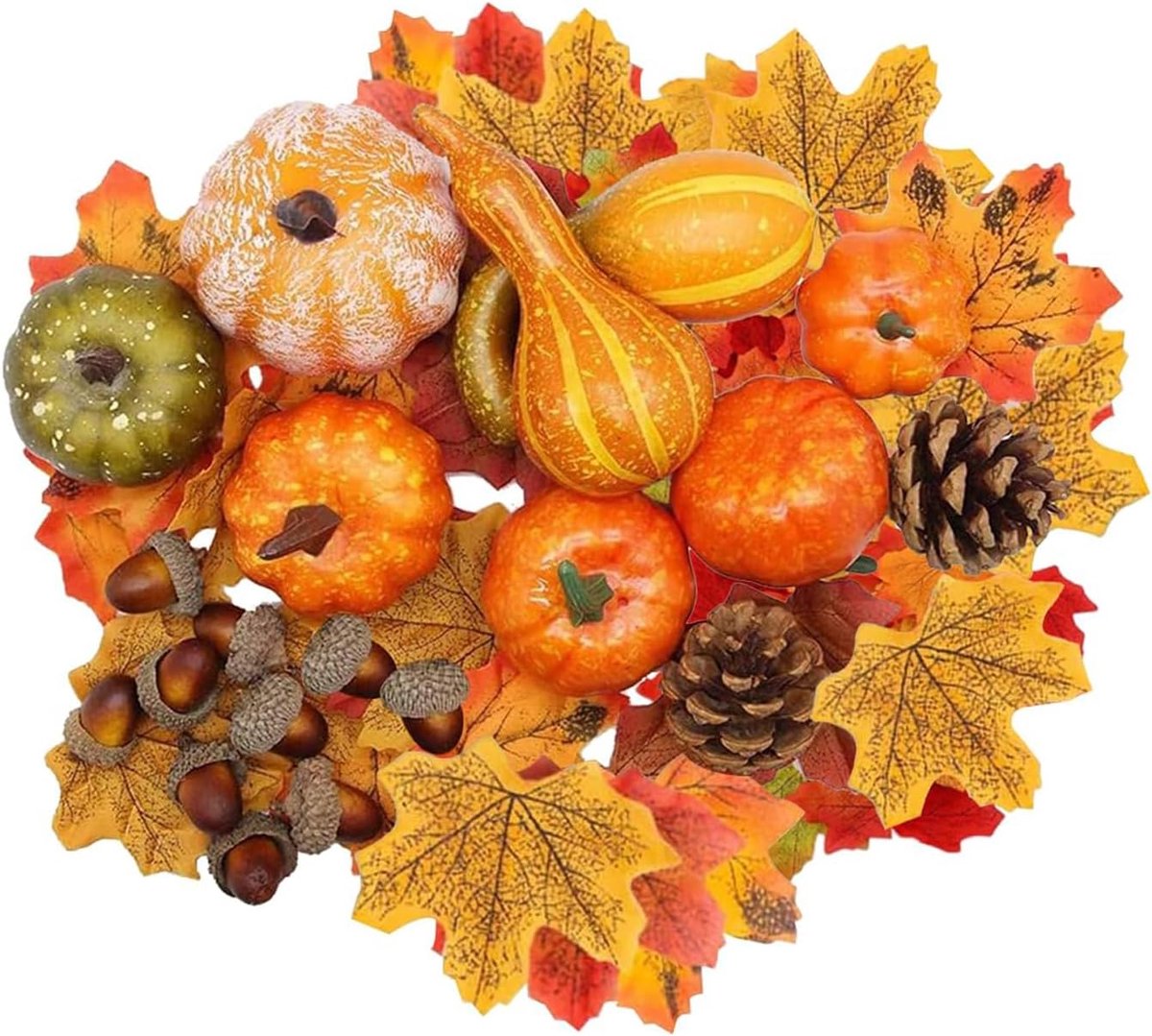 Kunstmatige Pompoenen en Herfstdecoratieset - Met Esdoornbladeren, Eikels en Dennenappels - Voor Halloween en Herfst - 86 Stuks