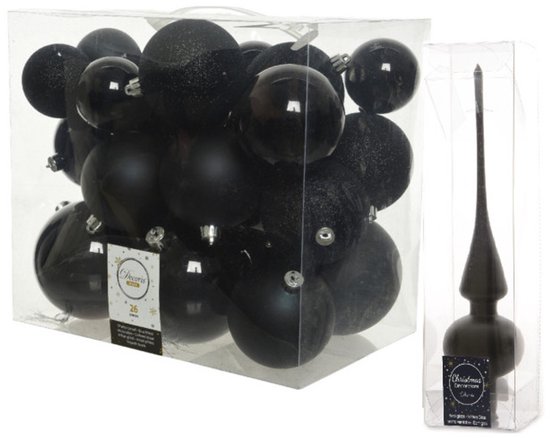 Ensemble de 27 boules de Noël noires (mélange mat et brillant) de tailles 6, 8 et 10 cm, avec une étoile de sommet noire de 26 cm.
