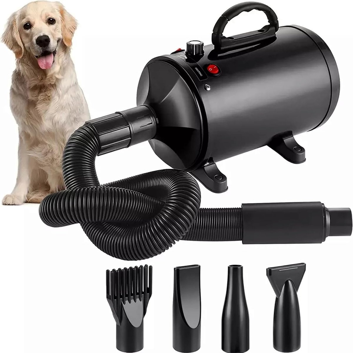 Hondenföhn - Hondendroger - 2800 W - Professionele Föhn - Instelbare Snelheid en Warmte - Huisdierdroger - 4 Sproeiers - Zwart