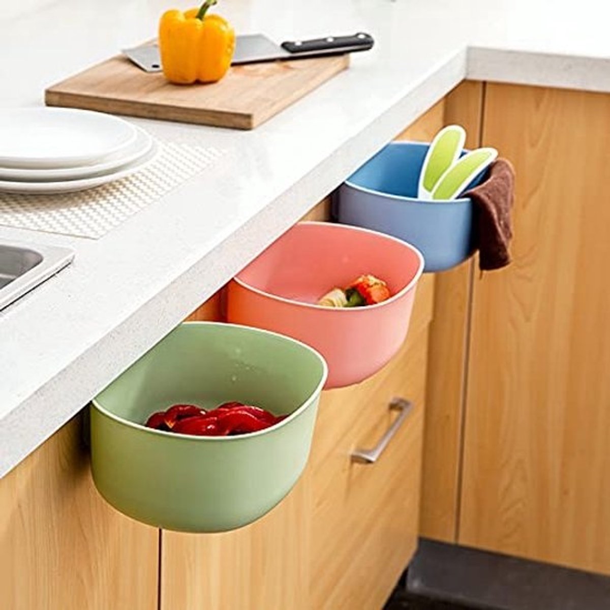 Commode-organizer om op te hangen, 3 stuks, prullenbak, lekbak, keukenafval, afvalcontainer, waskom, lekbak, baby voor commode, keukenkastdeur