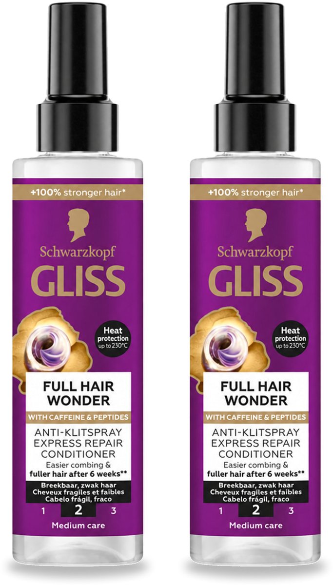2 x Gliss - Anti-Klit Spray Full Hair Wonder - Voor Voller en Sterker Haar - 200 ml - Voordeelverpakking - 2 stuks