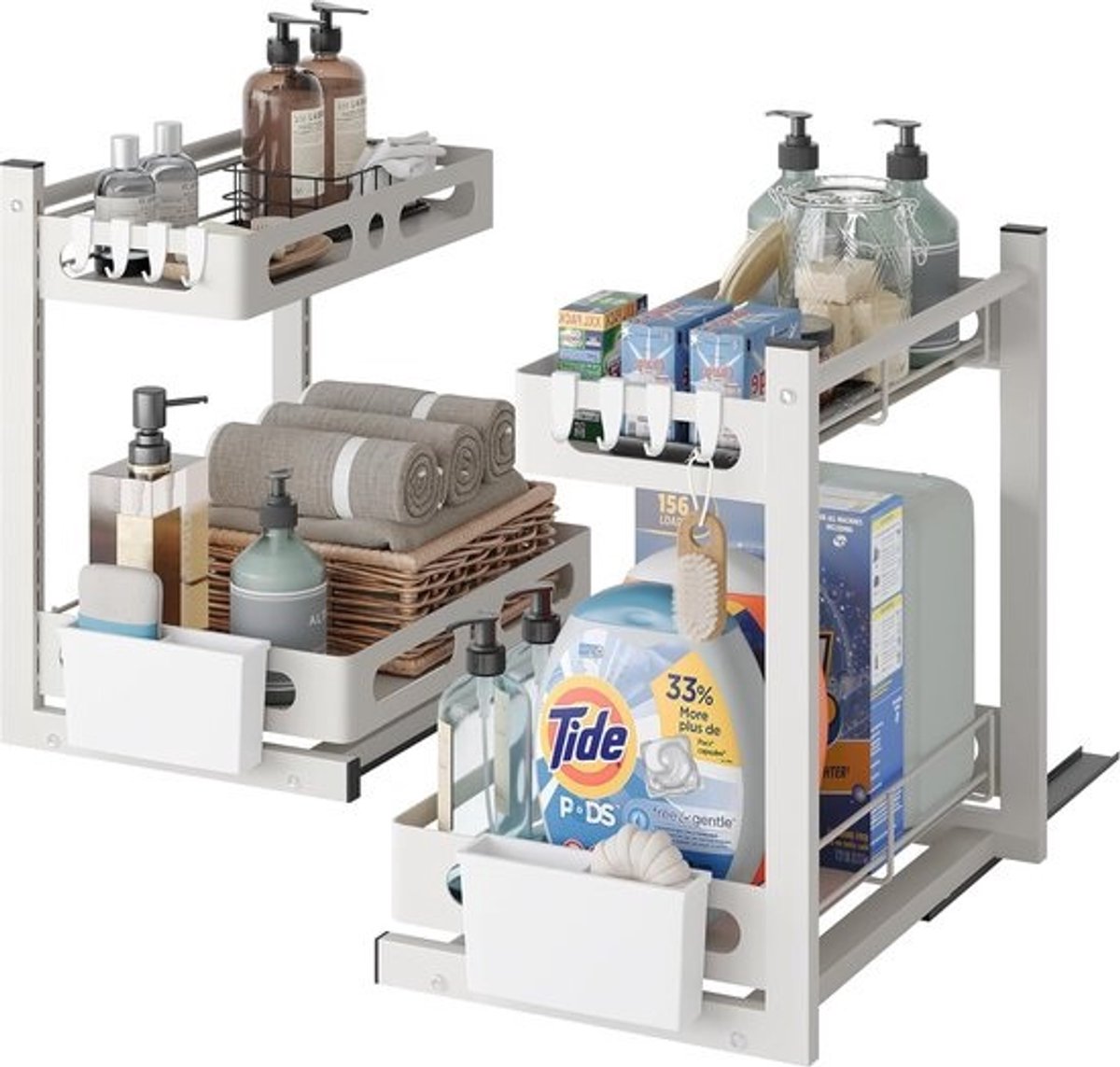 Set van 2 spoelkastorganizer opslag 2 etages onder wastafel - uittrekbaar keukenrek voor keuken/badkamer (wit) Sink organizer
