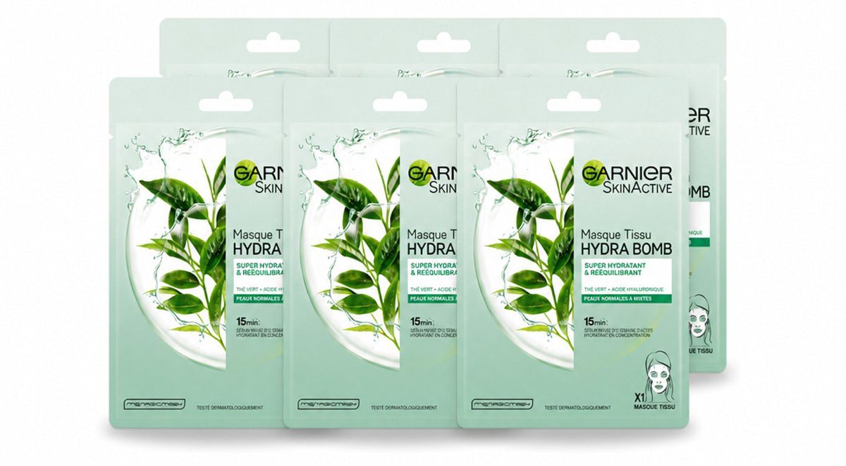 6 x Garnier - SkinActive - Hydra Bomb Tissue Masker - Groene Thee - 1 Gezichtsmasker - Voordeelverpakking - 6 stuks