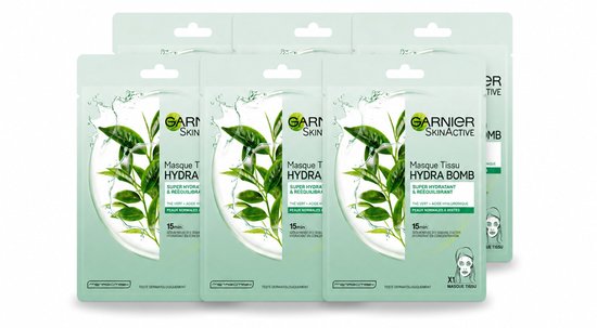 Zes Garnier SkinActive Hydra Bomb stoffen gezichtsmaskers met groene thee extract in groene verpakkingen.