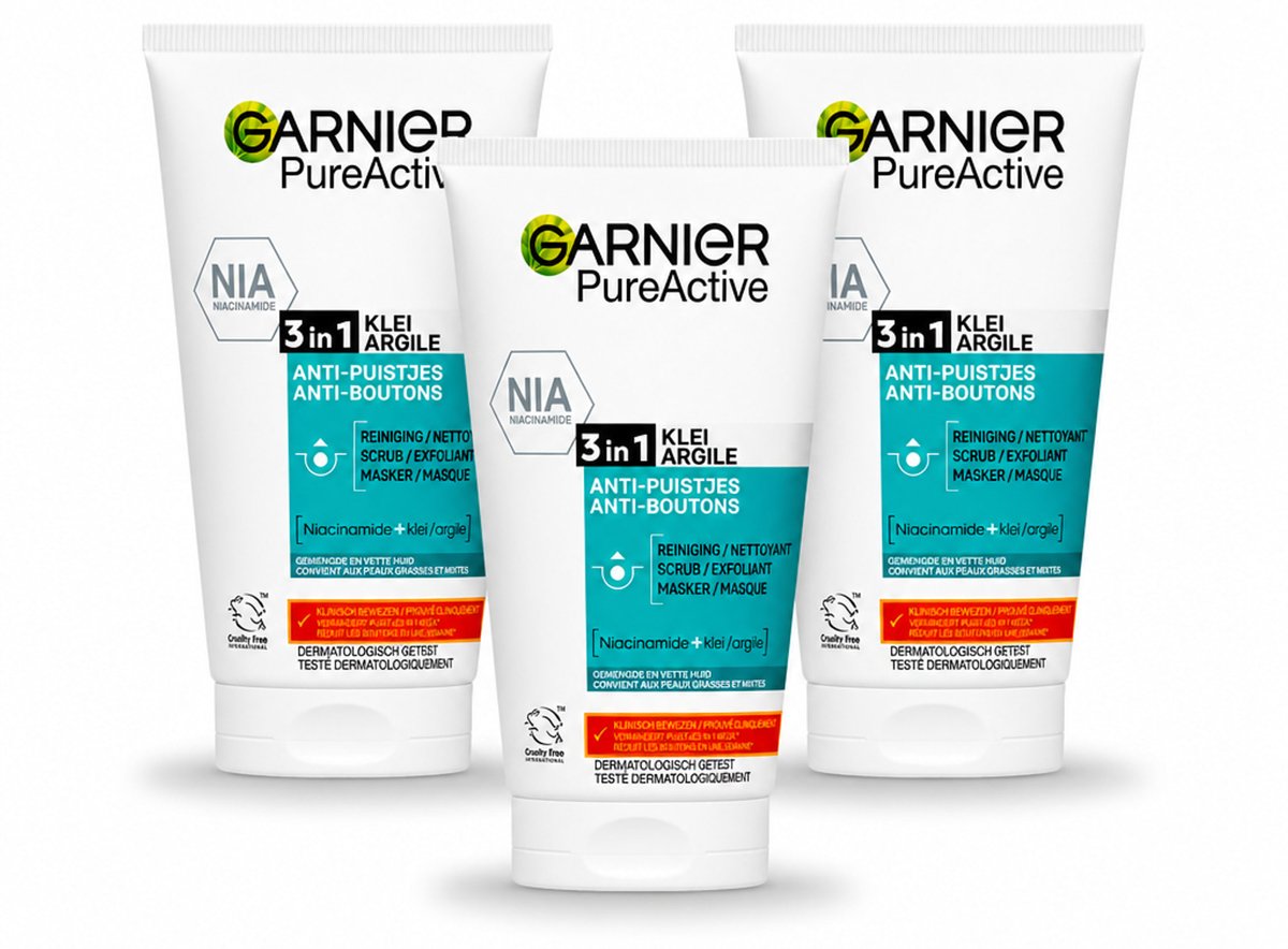 3 x Garnier - Pure Active - 3-in-1 Reiniging Scrub Masker - Tegen Puistjes & Onzuiverheden - Klei & Niacinamide - 150 ml - Bulkverpakking - 3 stuks