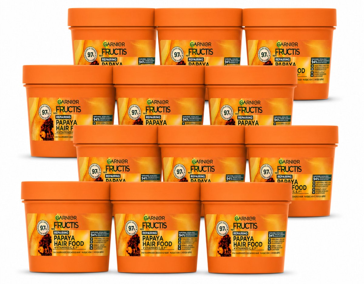 12 x Garnier - Fructis Hair Food Papaya - 3-in-1 Haarmasker - Beschadigd Haar - 400 ml - Voordeelverpakking - 12 stuks
