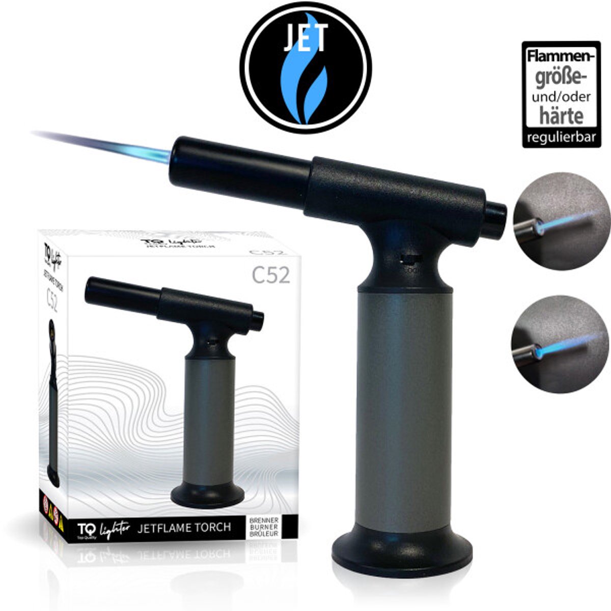 TQ Jetflame - Brenner 14,5 cm C52 - Turbo Aansteker - Torch gasbrander voor creme brulee - Aansteker - Navulbaar - Stormaansteker - Vuurwerk aansteker - BBQ