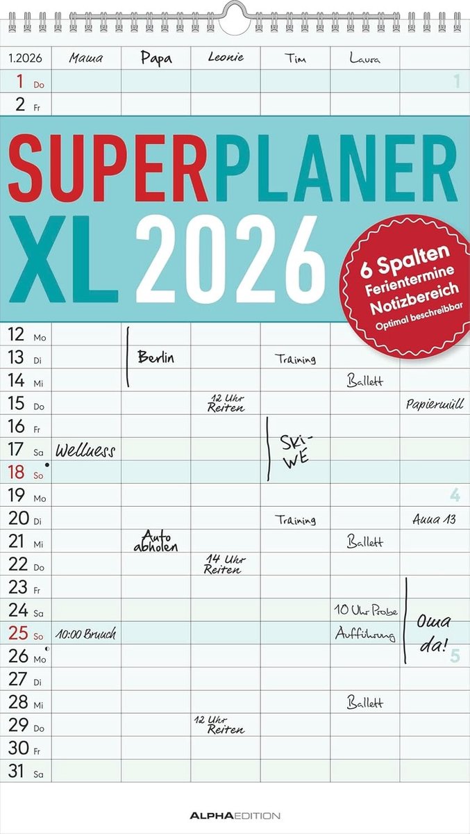Familieplanner - Wit - 26 x 45 cm - XL Wandkalender met 6 Spalten en Notizbereich - Voor Grote Gezinnen