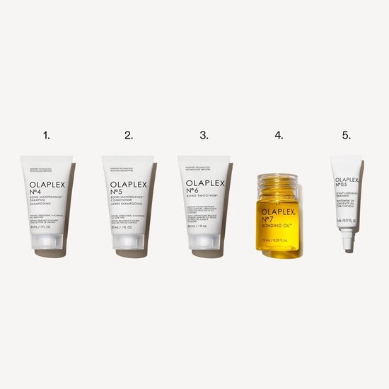 Vijf Olaplex producten: Shampoo, Conditioner, Smoother, Bonding Oil en Scalp Serum.