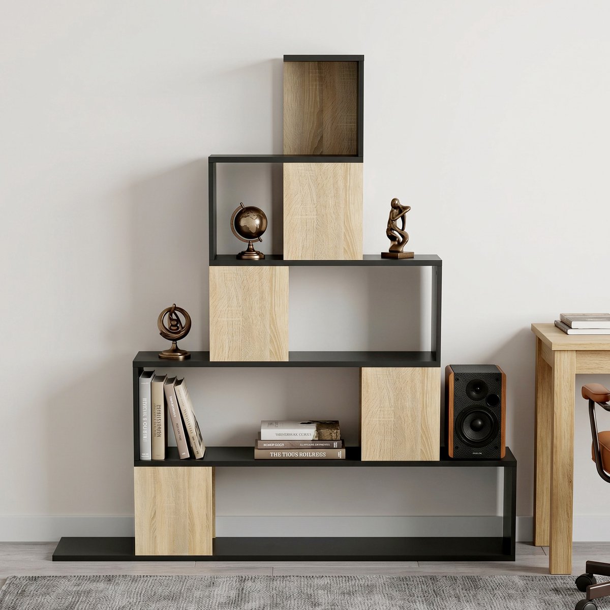 TEKROA® Boekenkasten - Opbergplank - geometrische boekenplank - met 5 niveaus - voor kantoor, woonkamer, slaapkamer - 120l x 131,5H cm - zwart en natuurlijk hout