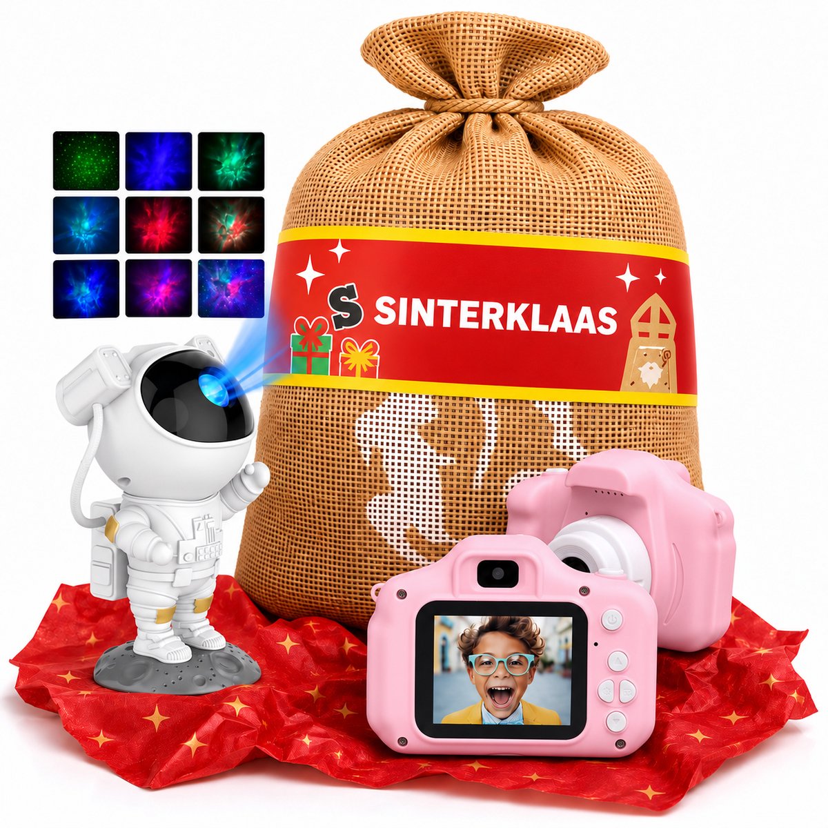Sinterklaas Zak + Cadeautjes Kind Cadeau - Kindercamera Full HD - Selfie Camera & Astronaut Galaxy Projector - Sterrenhemel - Sterrenlamp - Jongen Meisje - Digitale Camera Kinderen Roze - Cadeau Kind 4 5 6 7 8 9 10 jaar Jongen Meisje