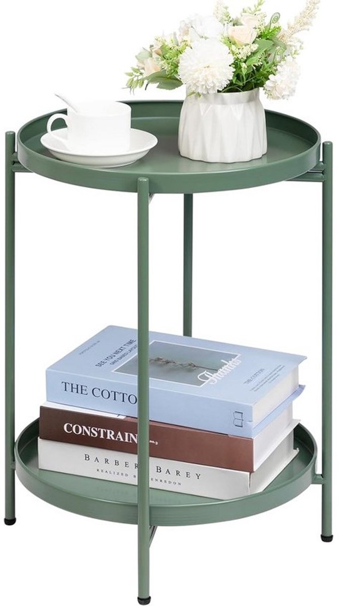Ronde Bijzettafel van Metaal met 2 Laagjes - Snacktafel, Koffietafel, Bedside Tafel voor Woonkamer, Slaapkamer, Balkon of Terras - Grasgroen