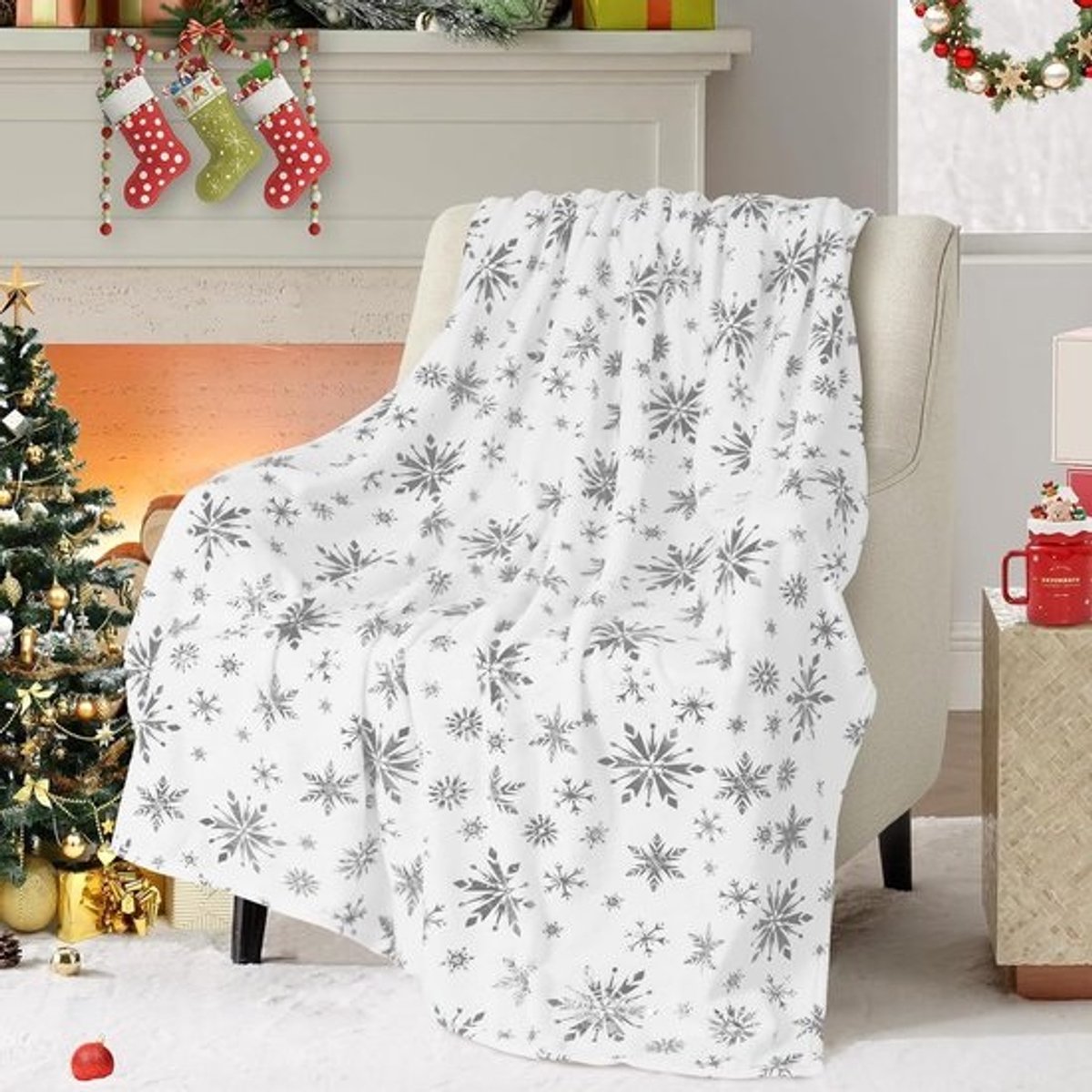 Kerstdeken met Zilveren Sneeuwvlokken - Zachte Flanellen Plaid voor Bank en Bed 127 x 152 cm