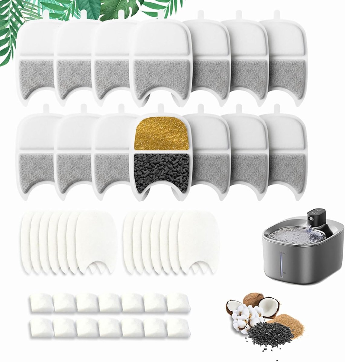 14 stuks filters, kattenfontein van actieve kool en lonenwisselaarhars, drinkfontein, filter, bovendien 14 filtersponzen, 14 waterpompsponzen voor 4 liter drinkfontein voor huisdieren