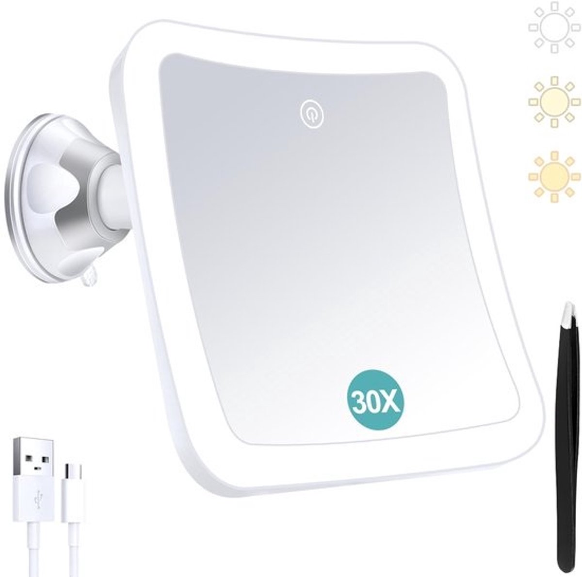 Allecto - - Vergrotende Spiegel met Licht - 30x Vergroting - Oplaadbaar en 360° Draaibaar - Wit - Perfect voor Make-up en Reizen - Handig voor Contac.