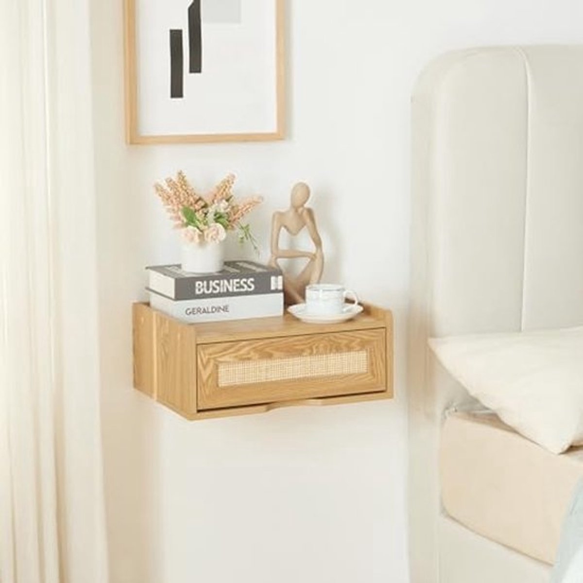 Wandrek met Lade - Hangend Nachtkastje - Zwevende Plank Wandmontage - Eikenkleurig met Rotan Look