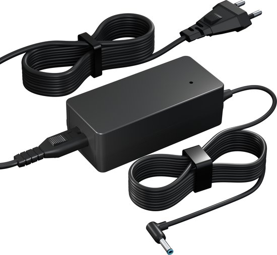 Chargeur d'ordinateur portable HP 65W/45W noir avec connecteur bleu et câbles enroulés.