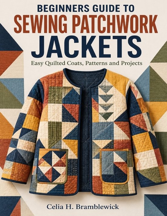 Boek "Beginners Guide to Sewing Patchwork Jackets" met een geborduurde patchwork jas in oranje, geel, blauw, groen en bruin.