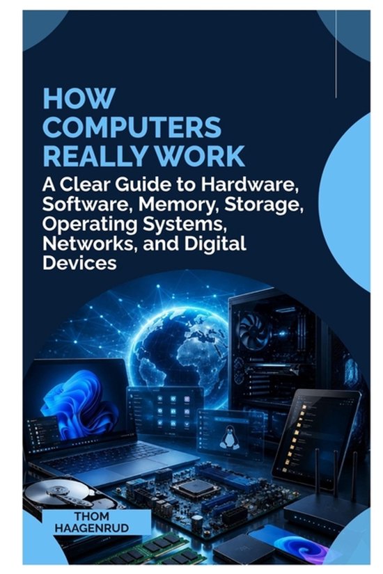 Boekomslag 'How Computers Really Work' met afbeeldingen van computers, een wereldbol en technische hardware componenten.