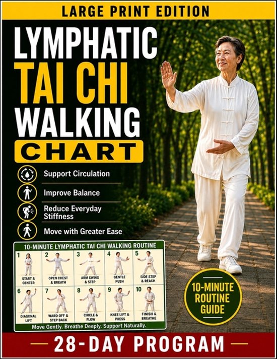 Grafiek met Tai Chi-oefeningen, vrouw in witte kleding wandelt in een bos, inclusief 10-minuten routine en 28-dagen programma.