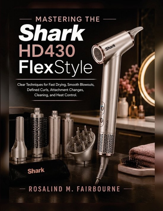 Couverture de livre : Mastering the Shark HD430 FlexStyle avec un sèche-cheveux doré et des accessoires sur une table.