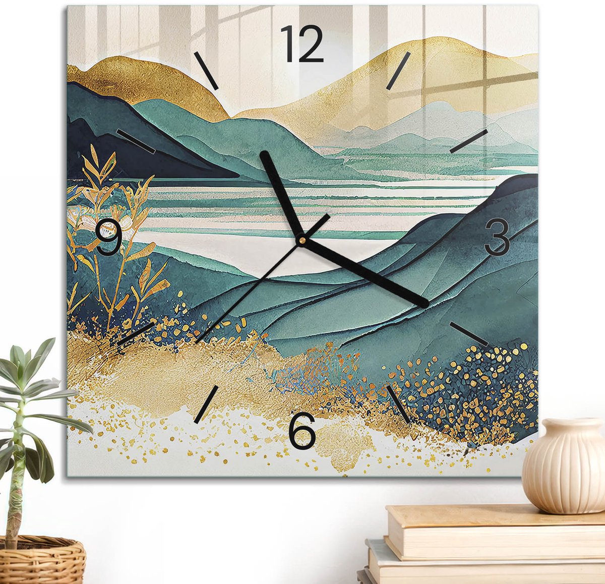 ArtPrintCave Turkoois Glazen Klok - 30x30 cm - Wandklok Vierkant - Turkoois Landschap Unieke Klok - Natuur Stille Wandklok - Zwarte Klokwijzers