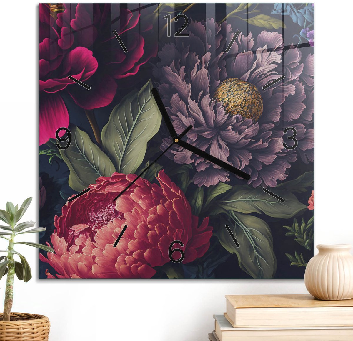 ArtPrintCave Rood Glazen Klok - 30x30 cm - Wandklok Vierkant - Bloemenpatroon Stille Wandklok - Natuur Wandklok Keuken - Zwarte Klokwijzers