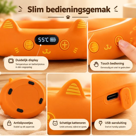 Namajunas Katvormige Warmhoudplaat voor Koffie & Thee - Elektrische Mok Warmer - 4 Temperatuurstanden - Warmhoudonderzetter voor Bureau en Thuis - Oranje — afbeelding 4