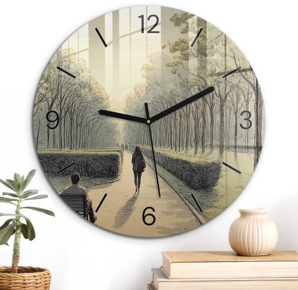 ArtPrintCave Groene Glazen Klok - Wandklok 30 cm - Muurklok Rond - Parkwandeling Stille Wandklok - Natuur Wandklok Keuken - Zwarte Klokwijzers