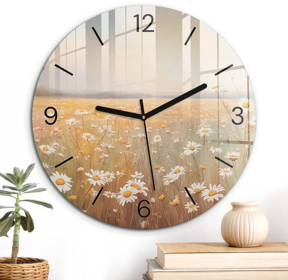 ArtPrintCave Beige Glazen Klok - Wandklok 30 cm - Muurklok Rond - Weide Met Madeliefjes Stille Wandklok - Natuur Wandklok Keuken - Zwarte Klokwijzers