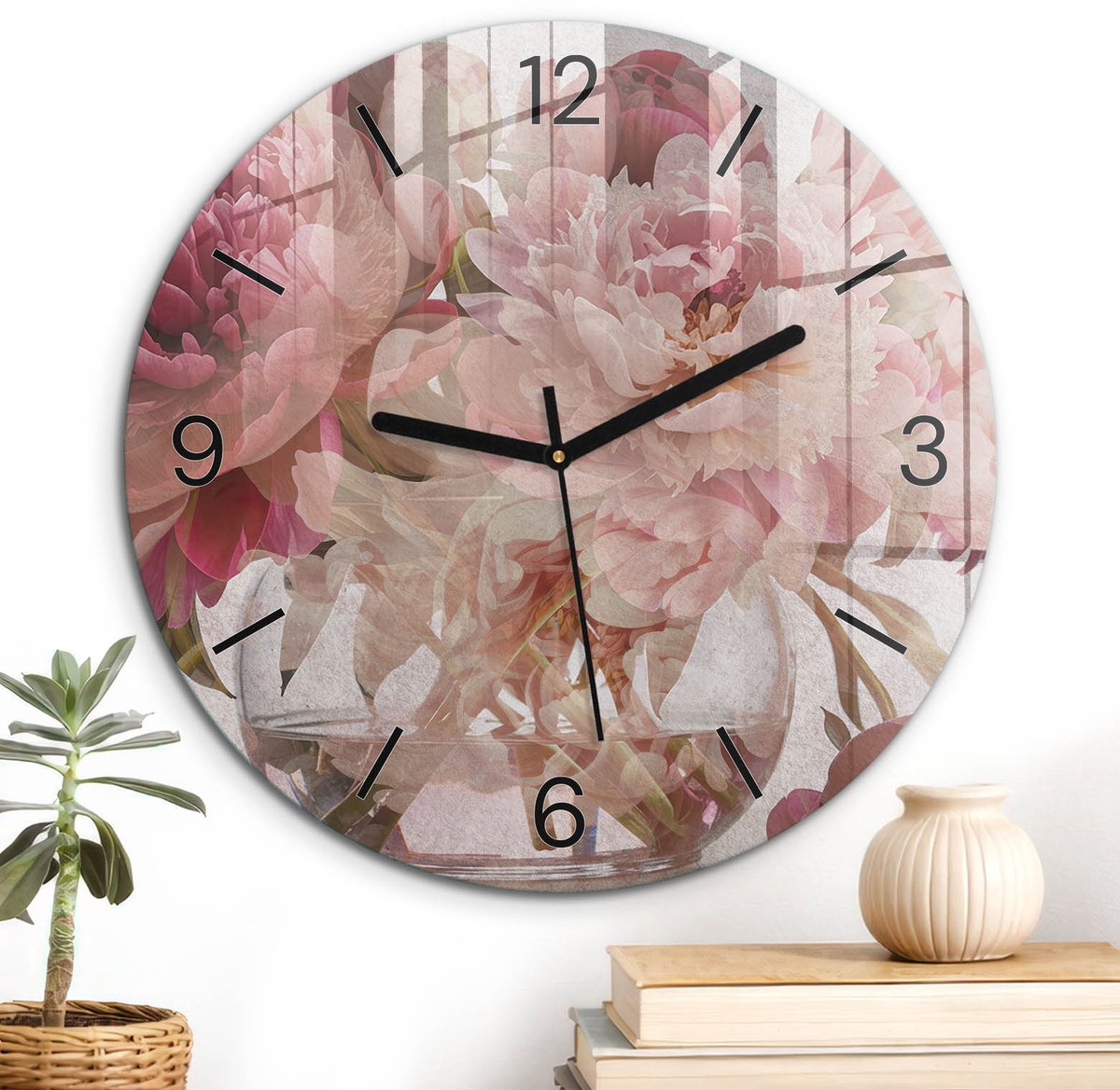 ArtPrintCave Roze Glazen Klok - Wandklok 30 cm - Muurklok Rond - Roze Pioenrozen Stille Wandklok - Kunst Wandklok Keuken - Zwarte Klokwijzers