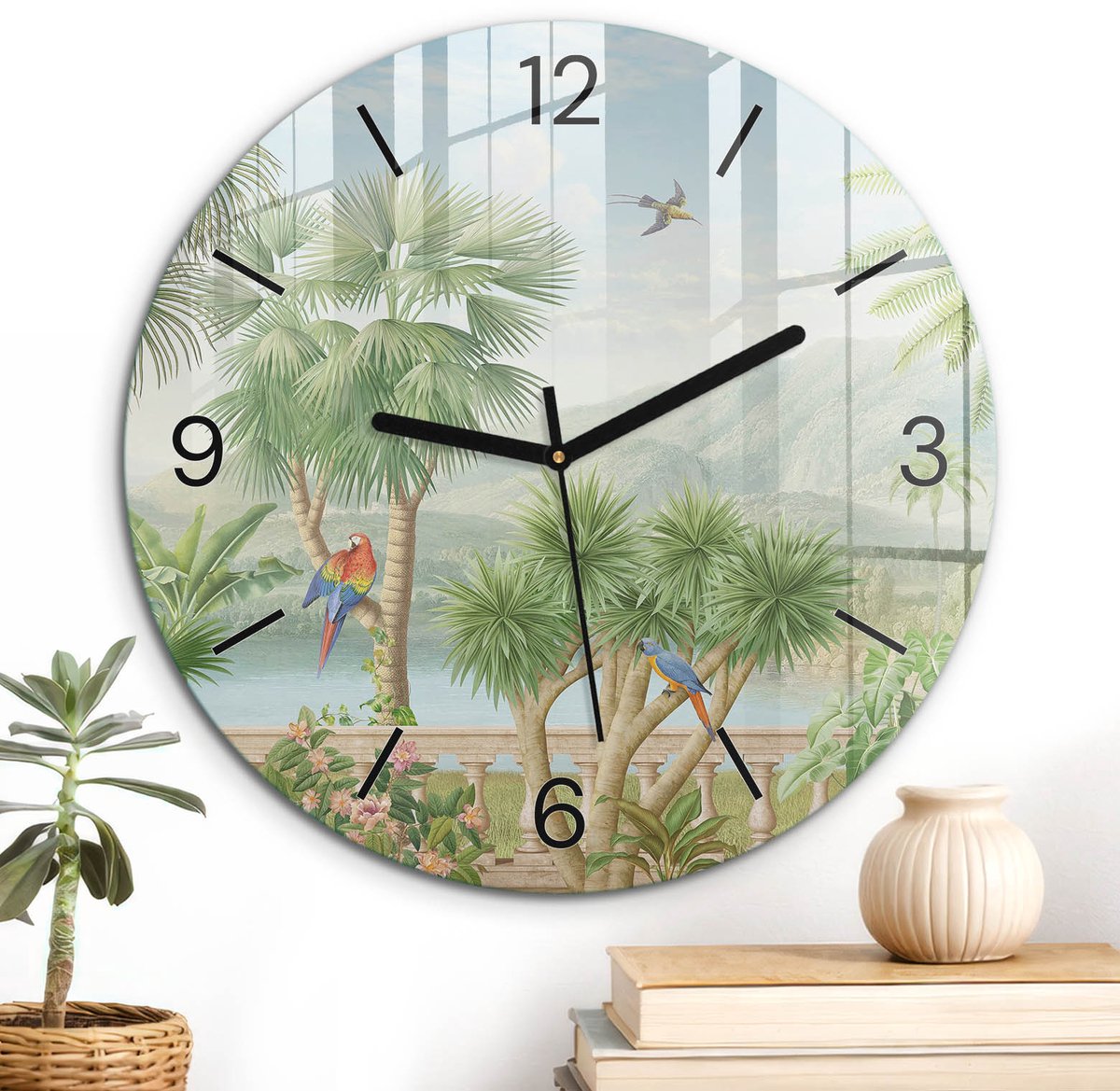 ArtPrintCave Groene Glazen Klok - Wandklok 30 cm - Muurklok Rond - Tropisch Landschap Wandklok Keuken - Dieren Unieke Klok - Zwarte Klokwijzers