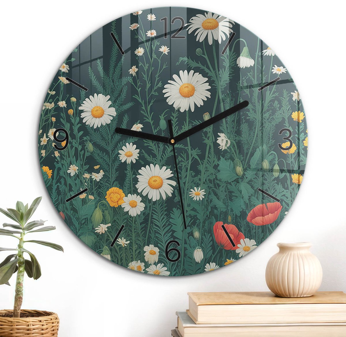 ArtPrintCave Groene Glazen Klok - Wandklok 30 cm - Muurklok Rond - Bloemenweide Wandklok Keuken - Natuur Unieke Klok - Zwarte Klokwijzers