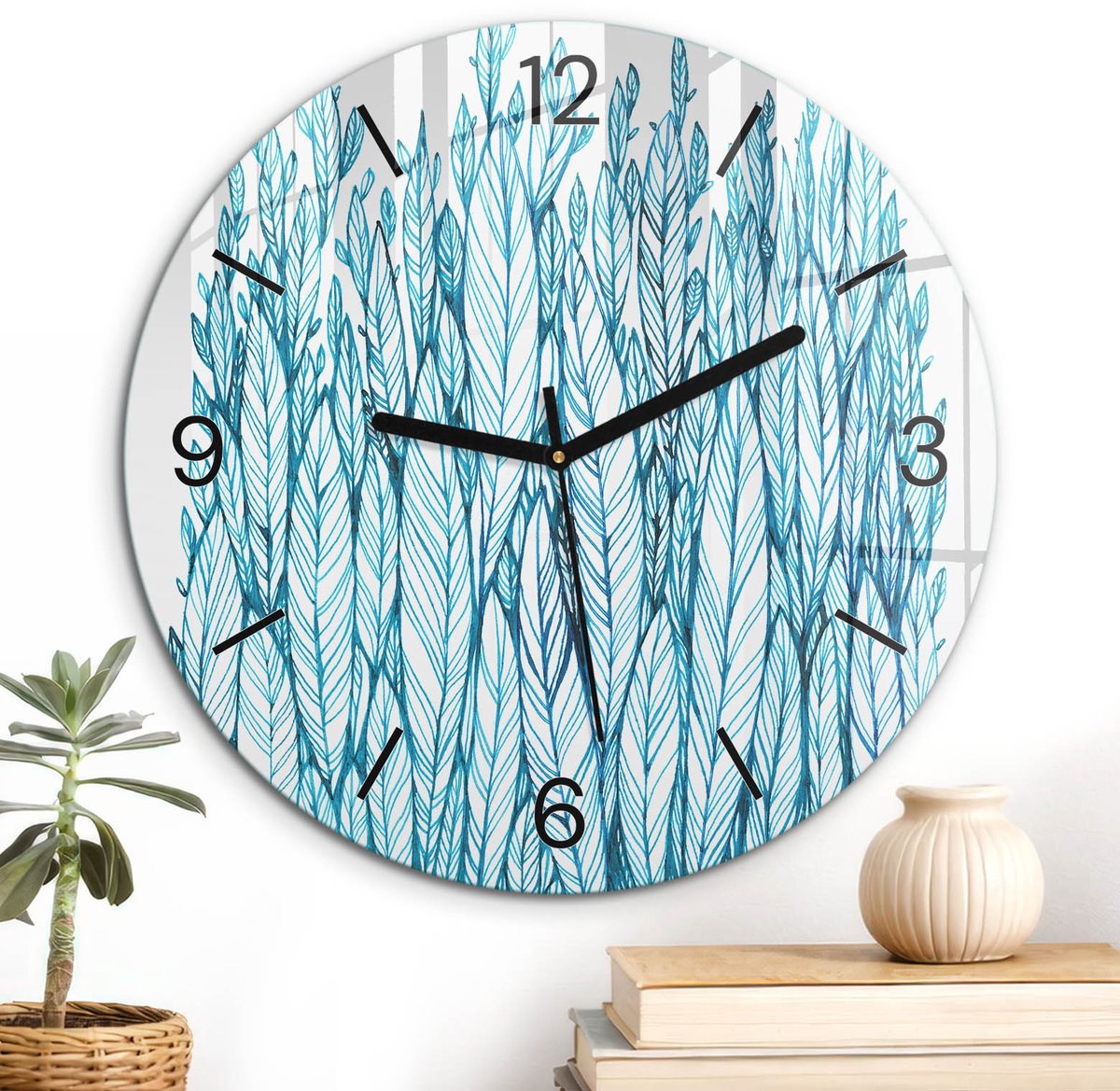ArtPrintCave Turkoois Glazen Klok - Wandklok 30 cm - Muurklok Rond - Veren Abstractie Stille Wandklok - Achtergronden En Patronen Wandklok Keuken - Zwarte Klokwijzers